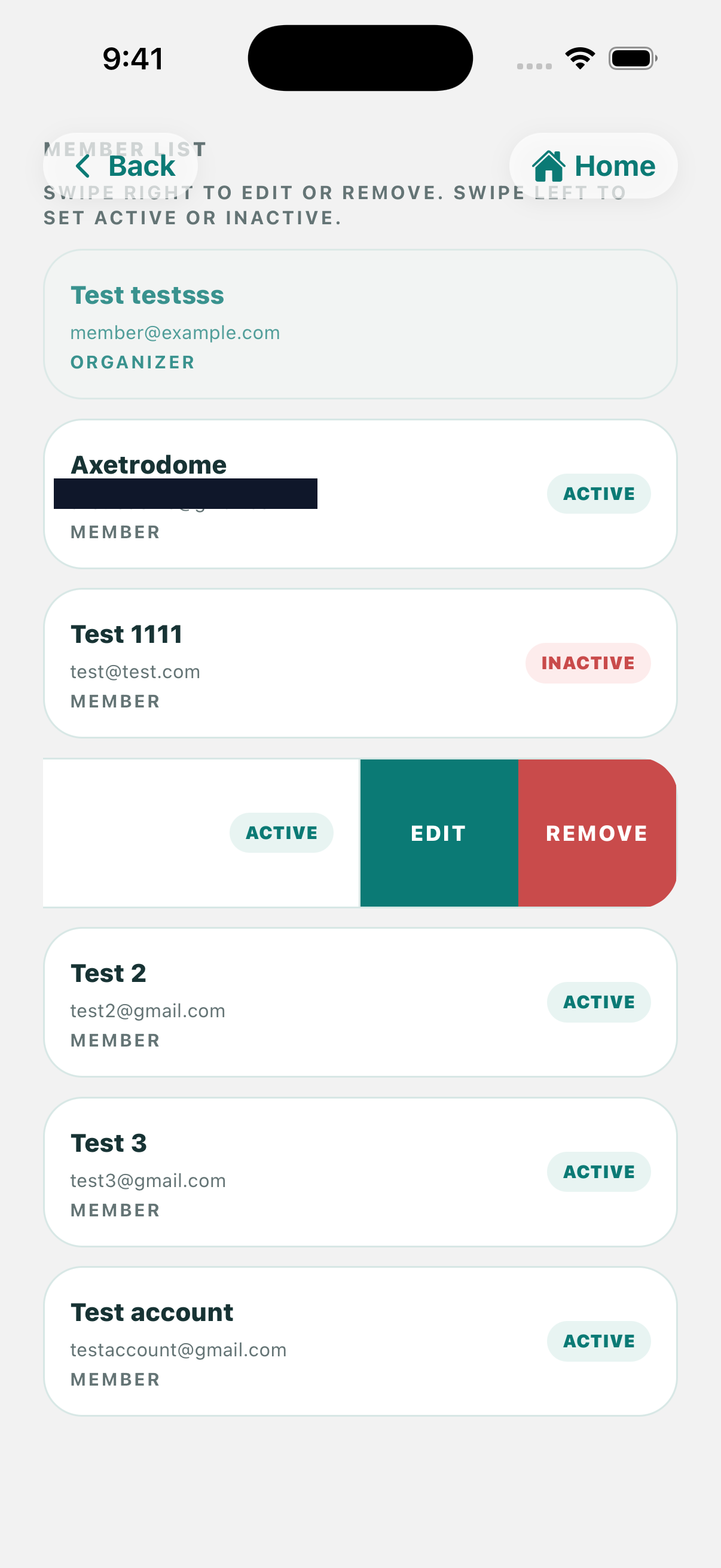 Member list with swipe actions to edit, remove, or toggle active state