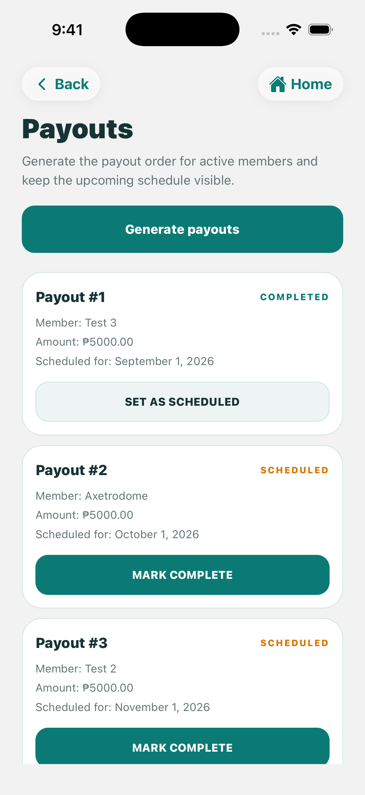 Payout schedule with completed and scheduled payouts